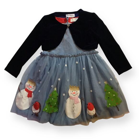 Mini Boden blue velvet snowman dress - Picture 2 of 8